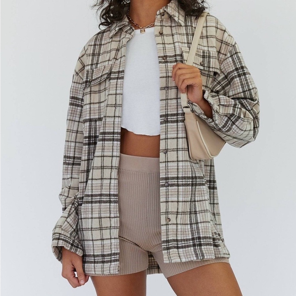 Princess Polly Willa Plaid Shirt Shacket Cream Brown Wool Blend